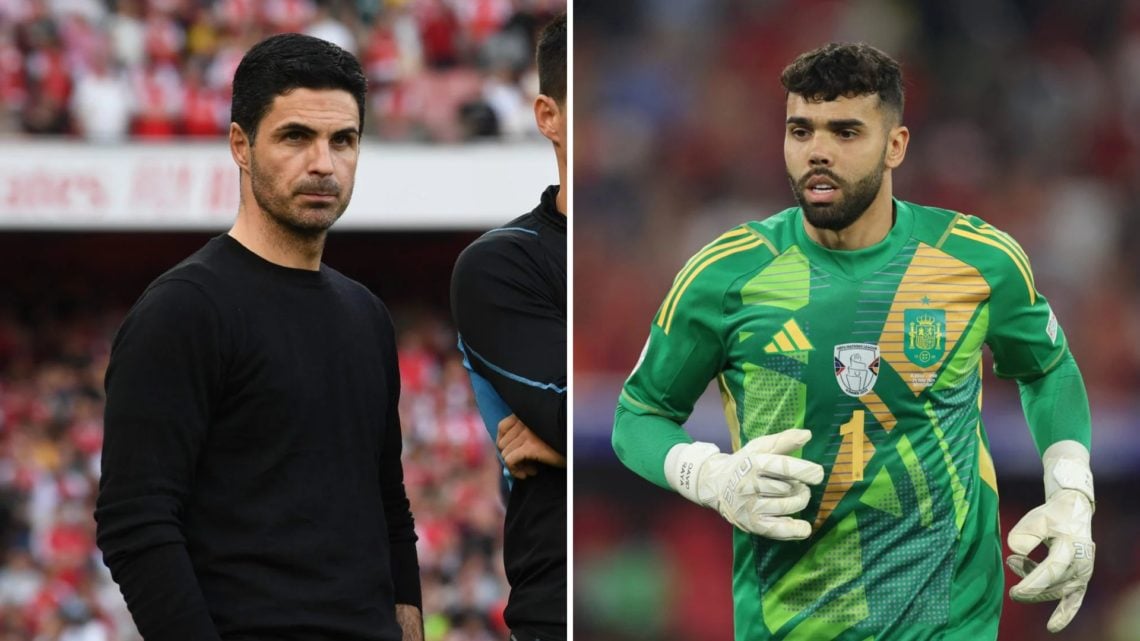 Split image of Mikel Arteta (left), and David Raya of Spain (right).