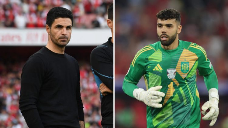 Split image of Mikel Arteta (left), and David Raya of Spain (right).
