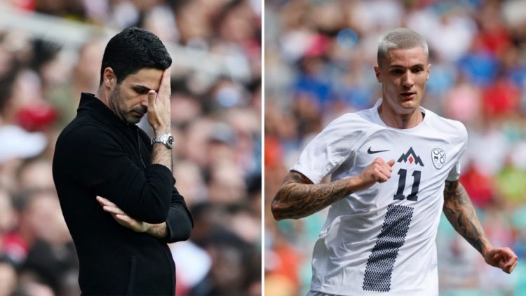 Two-split image. Left, Mikel Arteta of Arsenal looks dejected during a match. Right, Benjamin Sesko of Slovenia during a match.