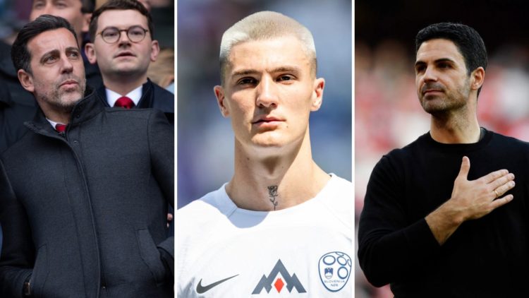 Three-split image. Left, sporting director Edu of Arsenal before a match. Centre, Benjamin Sesko of Slovenia poses during the national anthem. Righ...