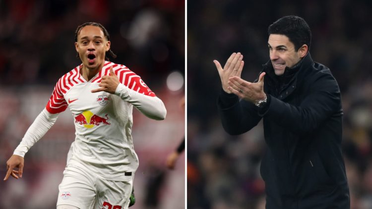 Image split in two down the centre. Left, Xavi Simons celebrates. Right, Mikel Arteta of Arsenal reacts.