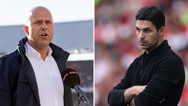 Header image split into two down the centre. Left, Arne Slot of Feyenoord during a Conference League match. Right, Arsenal manager Mikel Arteta loo...