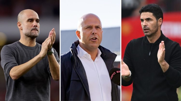 Three part image of Pep Guardiola, Arne Slot, and Mikel Arteta.