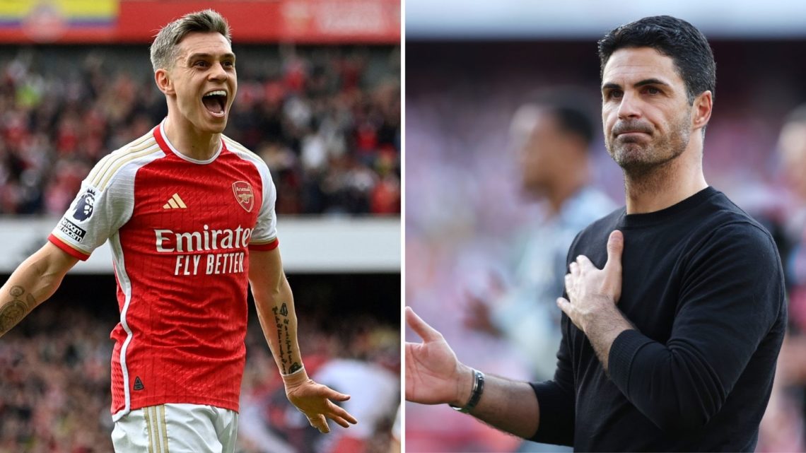Image split in two down the centre. Left, Leandro Trossard celebrates. Right, Mikel Arteta of Arsenal acknowledges the fans.