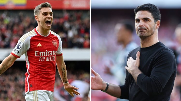 Image split in two down the centre. Left, Leandro Trossard celebrates. Right, Mikel Arteta of Arsenal acknowledges the fans.