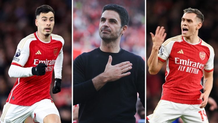 Split image. Left, Gabriel Martinelli of Arsenal with the ball during a match. Centre, Mikel Arteta of Arsenal acknowledges home support. Right, Le...
