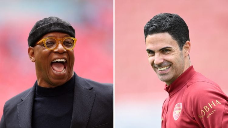 Header image split into two down the centre. Left, Ian Wright looks on. Right, Arsenal manager Mikel Arteta laughs during a training session.