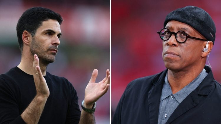 Image split into two down the centre. Left, Mikel Arteta of Arsenal applauds fans. Right, Ian Wright looks on.