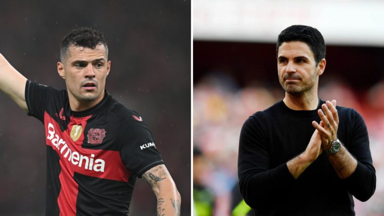 Image split into two down the centre. Left, Granit Xhaka of Leverkusen in action. Right, Mikel Arteta of Arsenal acknowleding fans.