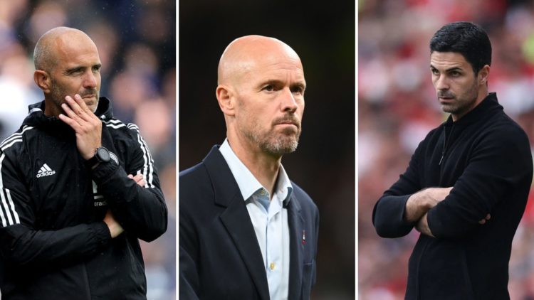 Image split into three. Left, Enzo Maresca looks on. Centre, Erik ten Hag, manager of Man United, looks dejected. Right, Arsenal's Mikel Arteta loo...