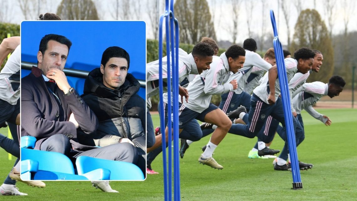 Arsenal U18 training session at London Colney. Inset, Arsenal manager Mikel Arteta and Technical Director Edu sit in the stands.
