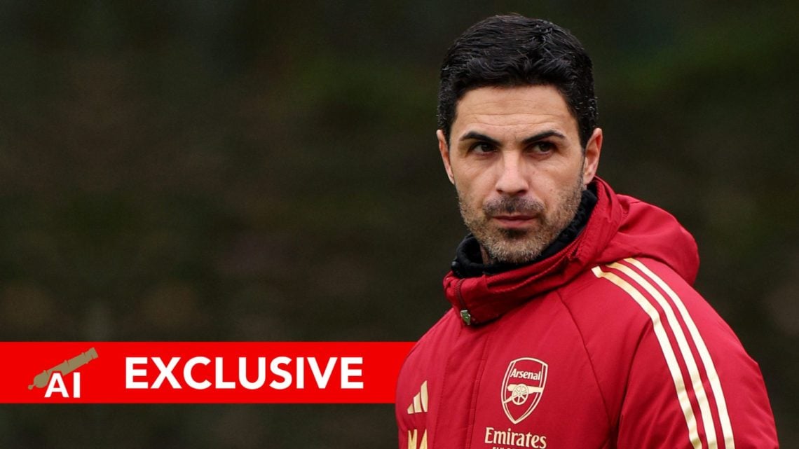 Mikel Arteta, Manager of Arsenal, looks on as he walks onto the pitch. Overlaid, an EXCLUSIVE banner in club colours.