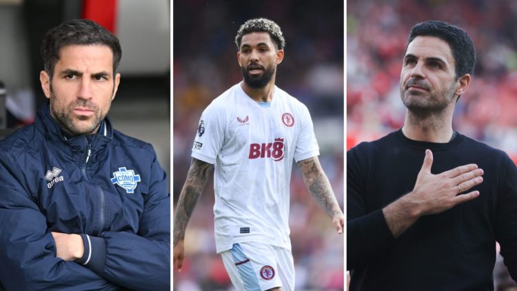 Image split into three parts. Left, Francesc Fabregas of Como reacts. Centre, Douglas Luiz of Aston Villa looks on. Right, Mikel Arteta of Arsenal ...