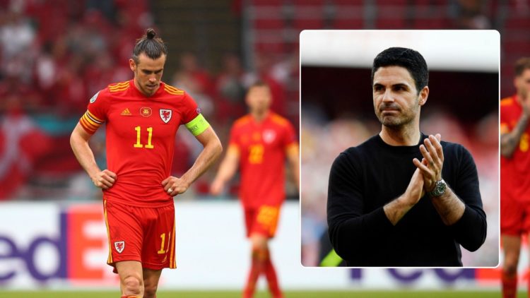 Gareth Bale of Wales looks dejected. Inset, Arsenal manager Mikel Arteta acknowledges fans.