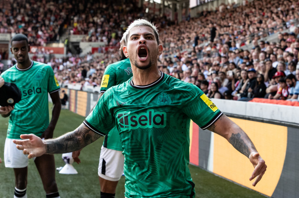 Bruno Guimaraes celebrates during a Newcastle United game