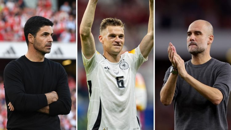 Split image of Mikel Arteta (left), Joshua Kimmich of Germany (centre), and Pep Guardiola (right).