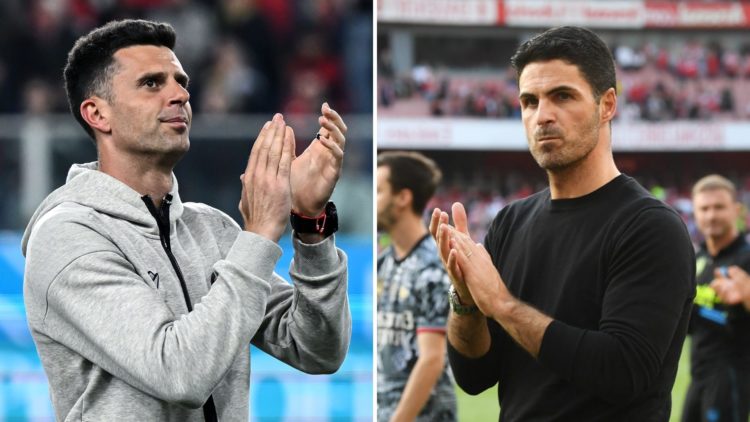 Image split into two down the centre. Left, Thiago Motta of Bologna FC celebrates. Right, Mikel Arteta of Arsenal applauds fans.