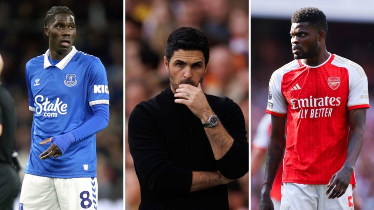 Split image of Amadou Onana (left), Mikel Arteta (centre), and Thomas Partey (right).
