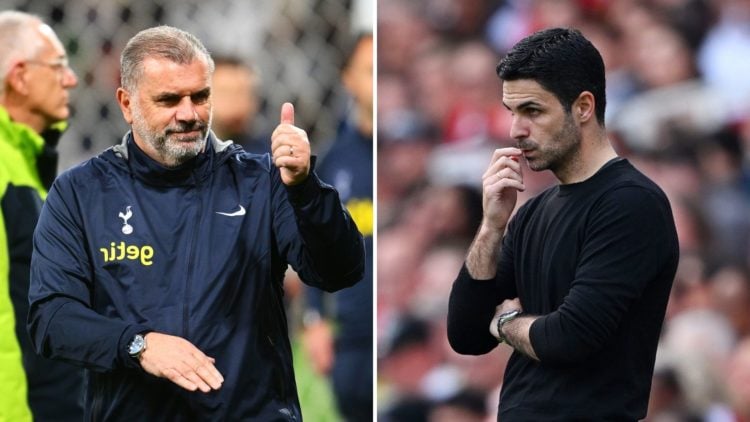 Ange Postecoglou of Tottenham Hotspur acknowledges the crowd. Mikel Arteta of Arsenal reacts.