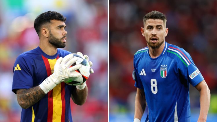 Split image of David Raya of Spain (left) and Jorginho of Italy (right).