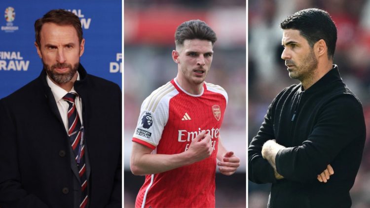 Split image of Gareth Southgate (left), Declan Rice of Arsenal (centre), and Mikel Arteta (right).
