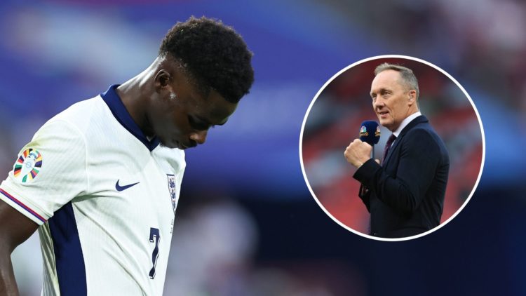 Bukayo Saka of England during the UEFA EURO 2024 group stage match. Inset, Lee Dixon, pundit for NBC Sport.