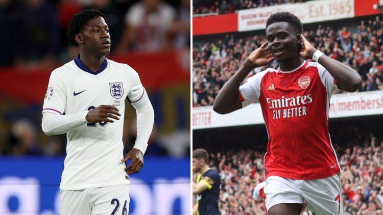 Split image of Kobbie Mainoo of England (left) and Bukayo Saka of Arsenal (right).