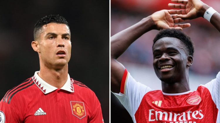 Image split in two down the centre. Left, Cristiano Ronaldo looks on. Right, Bukayo Saka celebrates scoring a goal.