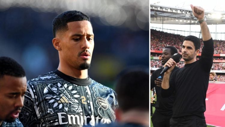 Image split into two. Left, William Saliba looks on as he warms up. Right, Arsenal manager Mikel Arteta raises a fist as he talks to fans.
