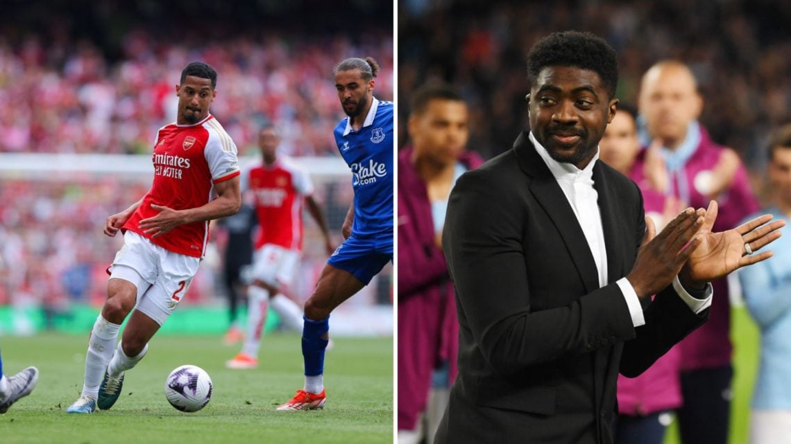 Two-split image. Left, William Saliba of Arsenal runs under pressure. Right, Kolo Toure looks on during a match.