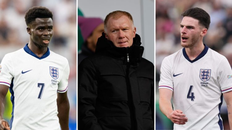 Split image of Bukayo Saka (left), Paul Scholes (centre), and Declan Rice (right).