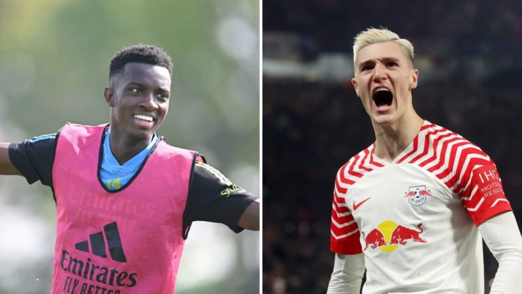 Image split in two down the centre. Left, Eddie Nketiah of Arsenal during a training session. Right, Benjamin Sesko of RB Leipzig celebrates after ...