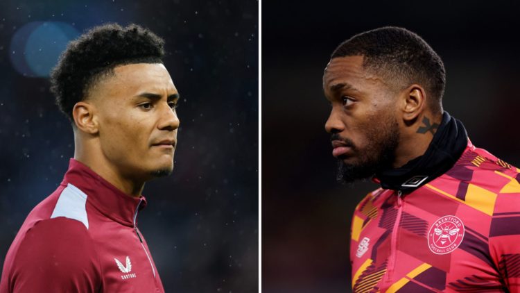Image split in two down the centre. Left, Ollie Watkins of Aston Villa during the Premier League match. Right, Ivan Toney of Brentford looks on as ...