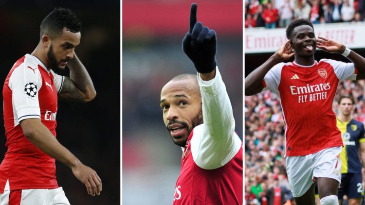 Header image split into three vertical blocks. Left, Theo Walcott leaving the pitch. Centre, Thierry Henry celebrates scoring a goal. Right, Bukayo...