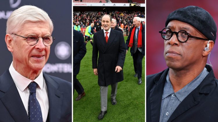 Three-split image. Left, Arsene Wenger attends the red carpet. Centre, ex-Arsenal player George Graham at half time. Right, ITV Sport's Ian Wright ...