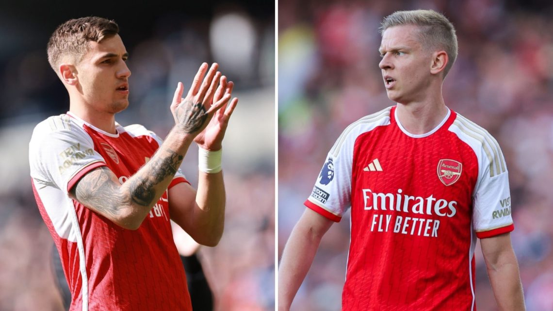 Split image of Jakub Kiwior of Arsenal applauding (left) and Oleksandr Zinchenko of Arsenal (right).