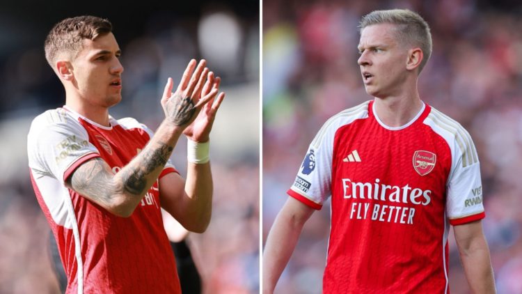 Split image of Jakub Kiwior of Arsenal applauding (left) and Oleksandr Zinchenko of Arsenal (right).