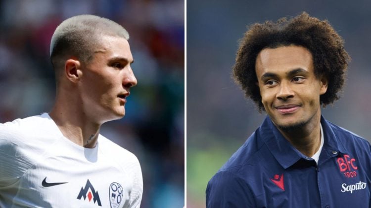 Two-split image. Left, Benjamin Sesko of Slovenia. Right, Joshua Zirkzee of Bologna FC