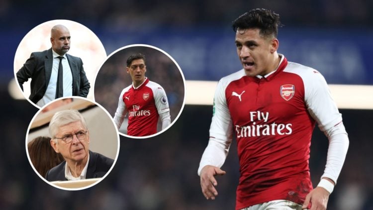 Alexis Sanchez of Arsenal during the Carabao Cup Semi-Final First Leg match between Chelsea and Arsenal. Inset, Pep Guardiola, Mesut Ozil and Arsen...