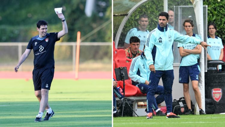 AFC Bournemouth manager Andoni Iraola gestures during pre-season training, Arsenal manager Mikel Arteta gestures during friendly against Leyton Orient