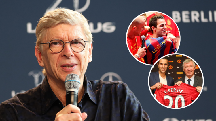 Arséne Wenger during an interview with Cesc Fábregas and Robin van Persie inset at Barcelona and Manchester United.