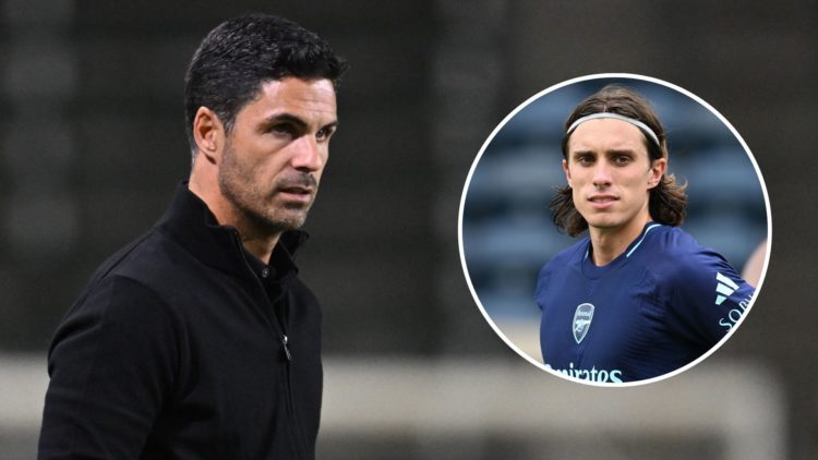 Arsenal manager Mikel Arteta during a pre season friendly match. Inset, Riccardo Calafiori.