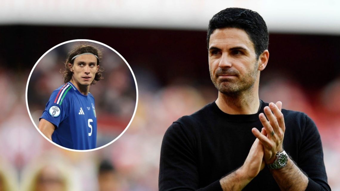 Mikel Arteta, Manager of Arsenal, acknowledges the fans following the Premier League match. Inset, Riccardo Calafiori of Italy.