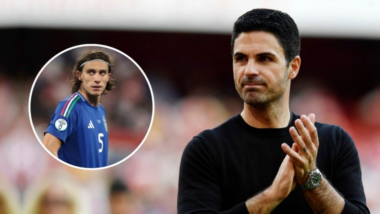 Mikel Arteta, Manager of Arsenal, acknowledges the fans following the Premier League match. Inset, Riccardo Calafiori of Italy.