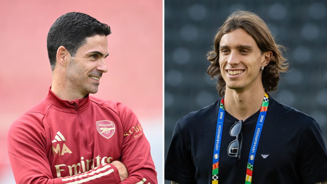 Split image of Mikel Arteta and Riccardo Calafiori.