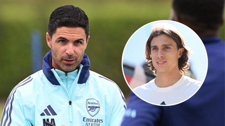 Arsenal manager Mikel Arteta during a training session. Inset, Riccardo Calafiori.