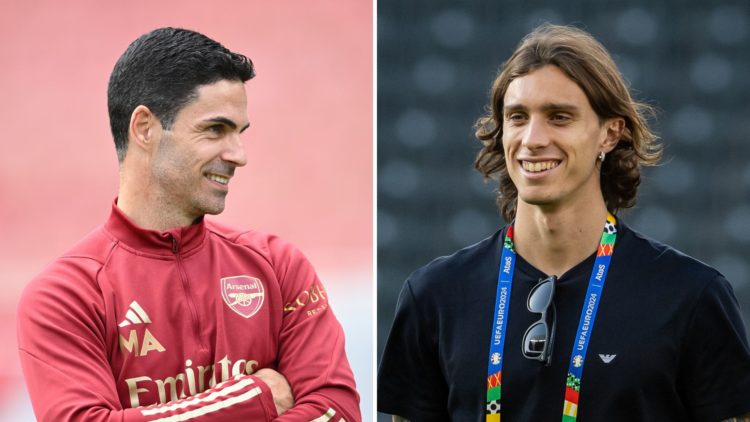 Split image of Mikel Arteta and Riccardo Calafiori.