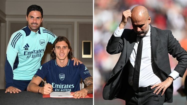 Split image of Mikel Arteta signing Riccardo Calafiori, and Pep Guardiola.