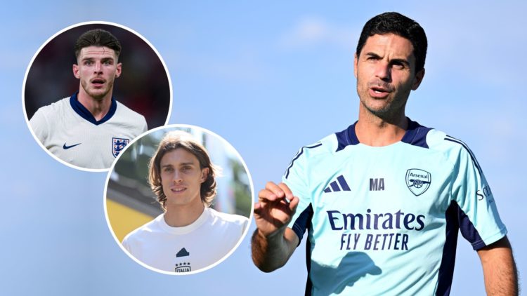 Arsenal manager Mikel Arteta during a training session at Los Angeles Rams Practice Facility. Inset, Declan Rice and Riccardo Calafiori.