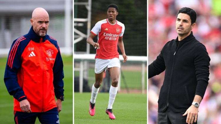 Split image of Erik ten Hag, Chido Obi-Martin, and Mikel Arteta.